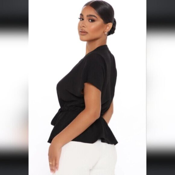 Fashion Nova BLACK Waist No Time Blouse Tie Waist Drawstring Button Peplum - Picture 3 of 5